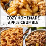 Golden Baked Apple Crumble topped with crisp buttery crumbs served warm in a white dish.